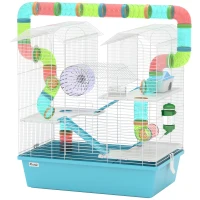 PawHut 4-Tier Hamster Cage with Tubes, Exercise Wheel, Hut, Water Bottle, Food Dish, Ramps, 22.8" x 14.2" x 25.6", Light Blue(m-1)