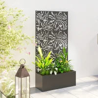 Outsunny Metal Planter Box with Trellis, 71" Tall Raised Garden Bed with Privacy Screen and Drainage Holes, Banana-Leaf Cut-Outs(m-9)