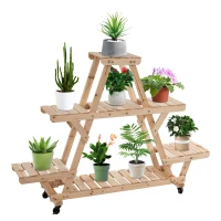 Outsunny Outdoor Plant Stand w/ Wheels and Brakes, Mobile Wood Plant Shelf Flower Stand for Garden Balcony Backyard Corner Living Room, Natural(m-1)