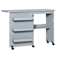 HOMCOM Folding Sewing Table, Rolling Utility Work Station Side Desk with 3-Tier Storage Bins, Shelf, and Lockable Casters, Grey(m-1)