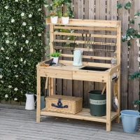 Outsunny Potting Bench Table, Garden Work Bench, Workstation with Metal Sieve Screen, Removable Sink, Additional Hooks and Baskets for Patio, Courtyards, Balcony, Natural(m-2)