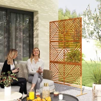Outsunny Decorative Privacy Fence Screen, Metal Outdoor Privacy Screen Climbing Plant Trellis with Stand, Rhombus Brown(m-2)