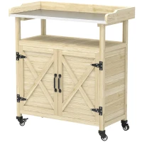 Outsunny Outdoor Wooden Potting Bench with Storage Cabinet, Aluminum Tabletop, Rubber Wheels for Backyard, Patio, Natural Wood(m-1)