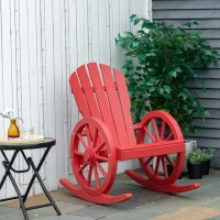 Outsunny Wooden Rocking Chair, Adirondack Rocker Chair w/Slatted Design and Oversized Back, Outdoor Rocking Chair with Wagon Wheel Armrest for Porch, Poolside, and Garden, Red(m-3)