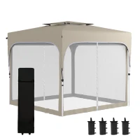 Outsunny 10' x 10' Pop Up Canopy Tent with Netting, Instant Gazebo Shelter, Height Adjustable, with Carry Bag and 4 Sand Bags, 100 Square Feet of Shade, Khaki(m-1)