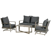 Outsunny 4 Piece Wicker Patio Furniture Set with 2 Rocking Chairs, Loveseat Sofa, Outdoor PE Rattan Conversation Set with Cushions, Aluminum Table for Porch, Poolside, Dark Gray(m-11)