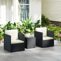 Outsunny Folding Wicker Bistro Set, 3 Piece Patio Furniture Set with Cushions and Glass Coffee Table for Porch, Balcony, Black(m-10)