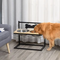 PawHut Elevated Dog Bowls Feeder with Stainless Steel Set, Twin Raised Adjustable Pet Food Platform for Medium, Large Dogs, Natural(m-2)