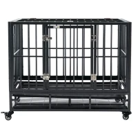 PawHut 36" Heavy Duty Dog Crate Metal Cage Kennel with Lockable Wheels, Double Door and Removable Tray, Gray(m-11)