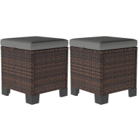 Outsunny 2 Piece Wicker Outdoor Ottomans with Cushions, Rattan Ottoman Footrest and Side Table for Patio, Yard, Poolside, Gray