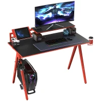HOMCOM 53" Gaming Desk, Racing Computer Desk with Monitor Shelf, Gamepad Rack, Cup Holder, Headphone Hook, and Cable Basket, Red(m-3)