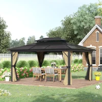 Outsunny 11' x 15' Hardtop Gazebo Canopy with Polycarbonate Roof, Aluminum Frame, Permanent Pavilion Outdoor Gazebo with Netting, for Patio, Garden, Backyard, Deck, Lawn, Beige(m-10)