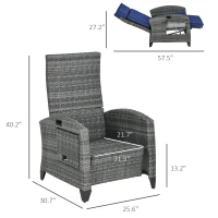 Outsunny Outdoor Recliner Chair with Cushions, Reclining Patio Lounge Chair with Adjustable Footrest, Armrests, Tray Table, Blue(m-3)