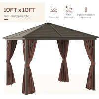 Outsunny 10' x 10' Hardtop Gazebo with Curtains and Netting, Permanent Pavilion Metal Single Roof Gazebo Canopy with Aluminum Frame and Hooks, for Garden, Patio, Backyard, Dark Brown(m-7)