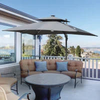 Outsunny 10FT Cantilever Patio Umbrella with Solar LED Lights & Power Bank, Double Top Outdoor Offset Umbrella with 360° Rotation, Tilt, Crank & Cross Base for Garden, Gray(m-10)