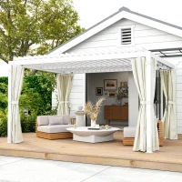 Outsunny 10' x 13' Outdoor Retractable Pergola w/ Sun Shade Aluminum Louvered Top, Pergola w/ Canopy, Curtains, Netting, Cream(m-2)