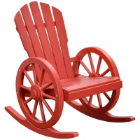 Outsunny Wooden Rocking Chair, Adirondack Rocker Chair w/Slatted Design and Oversized Back, Outdoor Rocking Chair with Wagon Wheel Armrest for Porch, Poolside, and Garden, Red(m-2)