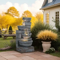 Outsunny 30" Tall Outdoor Waterfall Fountain with LED Lights, 4-Tier Resin Cascading Water Bowls with Pump, Gray(m-9)