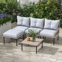 Outsunny 5-Piece Rattan Patio Furniture Set with Sofa, Chaise Lounge, Coffee Table, Footstools, Cushions, Light Gray(m-6)