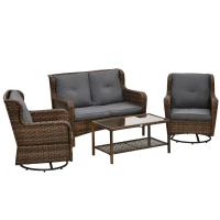 Outsunny 4 Piece PE Rattan Outdoor Patio Furniture Set, Wicker Conversation Set with 2 Swivel Glider Chairs, 2-Tier Glass Table and Loveseat for Garden, Patio, Poolside, Gray(m-11)