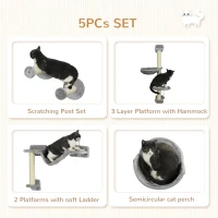 PawHut 5pc Cat Wall Shelves with Hammock, Perches, Ladder, Scratching Post(m-5)