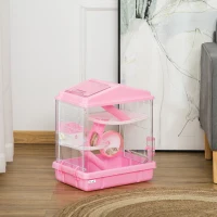 PawHut 3-Tier Hamster Cage Rodent Gerbil Habitat Rat House with Steel Wire, Exercise Wheel, Food Dish, Water Bottle, Pink(m-3)