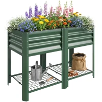 Outsunny Raised Garden Bed Galvanized Steel, Elevated Planter Box with Storage Shelf, Bed Liner, 31.5" High, Green(m-11)