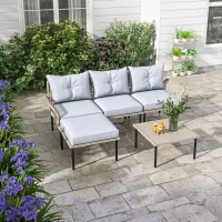 Outsunny 5-Piece Rattan Patio Furniture Set with Sofa, Chaise Lounge, Coffee Table, Footstools, Cushions, Light Gray(m-7)