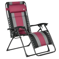 Outsunny XL Oversize Zero Gravity Recliner, Padded Patio Lounger Chair, Folding Chair with Adjustable Backrest, Cup Holder, and Headrest for Backyard, Poolside, Lawn, Striped, Wine Red(m-1)