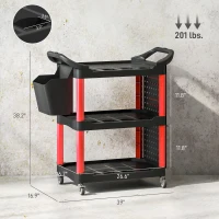 HOMCOM 3-Tier Rolling Tool Cart, 200 LBS Capacity Plastic Utility Cart with Side Shelf and Storage Bucket, Black & Red(m-3)