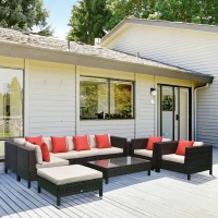 Outsunny Patio Furniture Set, 9 Piece Outdoor Sectional Sofa, All-Weather PE Rattan Wicker Conversation Set with Chairs, Ottoman, Loveseat, Coffee and Side Table, Cushions, Sand(m-2)