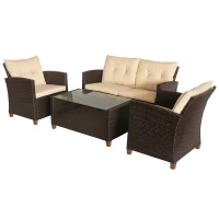 Outsunny 4 Pieces Patio Furniture Sets with Cushions, PE Rattan Wicker Conversation Chairs with Two-Tier Coffee Table for Backyard Porch Garden Poolside and Deck, Beige(m-1)