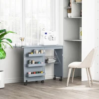 HOMCOM Folding Sewing Table, Rolling Utility Work Station Side Desk with 3-Tier Storage Bins, Shelf, and Lockable Casters, Grey(m-3)