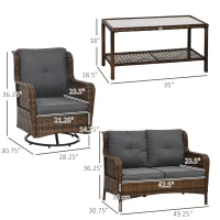 Outsunny 4 Piece PE Rattan Outdoor Patio Furniture Set, Wicker Conversation Set with 2 Swivel Glider Chairs, 2-Tier Glass Table and Loveseat for Garden, Patio, Poolside, Gray(m-3)