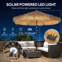 Outsunny 9 ft Hula Thatched Tiki Patio Umbrella with LED Solar Light, Outdoor Umbrella with Crank, Tilt, UPF30+, Khaki(m-4)