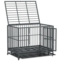 PawHut 43" Heavy Duty Dog Crate Metal Cage Kennel with Lockable Wheels, Double Door and Removable Tray, Gray(m-8)