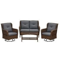 Outsunny 4 Piece PE Rattan Outdoor Patio Furniture Set, Wicker Conversation Set with 2 Swivel Glider Chairs, 2-Tier Glass Table and Loveseat for Garden, Patio, Poolside, Gray