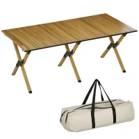 Outsunny 4ft Low Height Folding Camping Table, Roll-Up Aluminum Picnic Table with Carry Bag, Waterproof & Woodgrain Finish, Portable Table for Travel, BBQ, Beach, or Hiking(m-1)