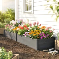 Outsunny 96" x 24" x 10" Wooden Raised Garden Bed with 2 Planter Boxes and Non-woven Fabric Liner for Patio, Gray(m-9)