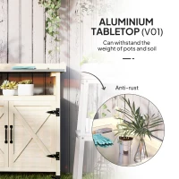 Outsunny Outdoor Wooden Potting Bench with Storage Cabinet, Aluminum Tabletop, Rubber Wheels for Backyard, Patio, Natural Wood(m-4)