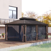 Outsunny 12' x 20' Hardtop Gazebo with Curtains and Netting, Permanent Pavilion Metal Double Roof Gazebo Canopy with Aluminum Frame and Hooks, for Garden, Patio, Backyard, Brown(m-10)