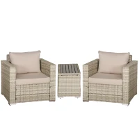 Outsunny 3 Piece Patio Furniture Set, PE Rattan Small Wicker Balcony Furniture, Table & Chairs with Cushions Composite Table, Conversation Set for Apartment, Gray(m-1)