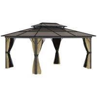 Outsunny 11' x 15' Hardtop Gazebo Canopy with Polycarbonate Roof, Aluminum Frame, Permanent Pavilion Outdoor Gazebo with Netting, for Patio, Garden, Backyard, Deck, Lawn, Beige(m-1)