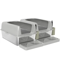 2 Pack High Sided Stainless Steel Litter Box with Metal Scoop & Scoop Holder, for Anti-Urine Leakage, Light Gray(m-1)