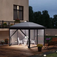 Outsunny 11' x 11' Pop Up Canopy, Instant Canopy Tent with Solar LED Lights, Remote Control, Zippered Mesh Sidewalls and Carrying Bag for Backyard Garden Patio, Gray(m-10)