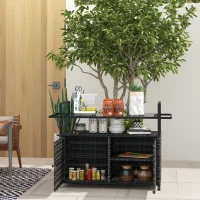Outsunny 2-Tier Shelf PE Rattan Outdoor Bar Table, Glass Top Patio Serving Cart with Cabinet, Mixed Gray(m-2)