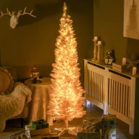 HOMCOM 6ft Pencil Christmas Tree, Slim Artificial Christmas Tree with Realistic Branches and Warm White LED Lights, Pink(m-10)
