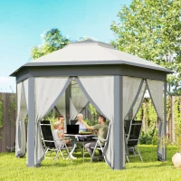 Outsunny 13' x 13' Pop Up Gazebo Hexagonal Canopy Shelter with 6 Zippered Mesh Netting for Patio Backyard Garden Wedding Party(m-2)
