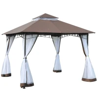Outsunny 10' x 10' Outdoor Patio Gazebo Canopy Tent with Mesh Sidewalls, 2-Tier Canopy for Backyard, Coffee(m-1)