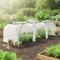 Outsunny 9.7' L x 3' W x 2.5' H Portable Tunneled Greenhouse with 3 Zippered Doors, Water/UV Fighting PE Cover, White(m-2)